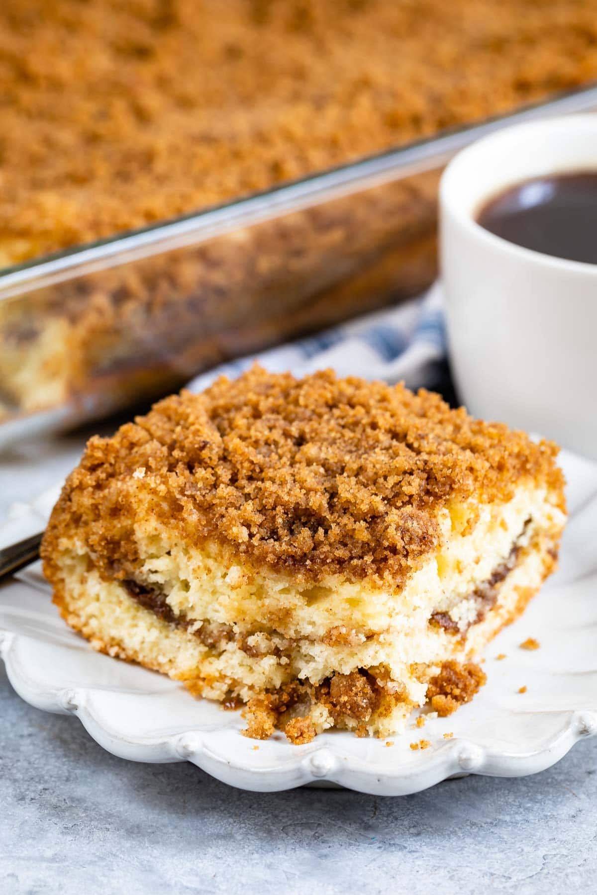 One piece of streusel coffee cake on a plate