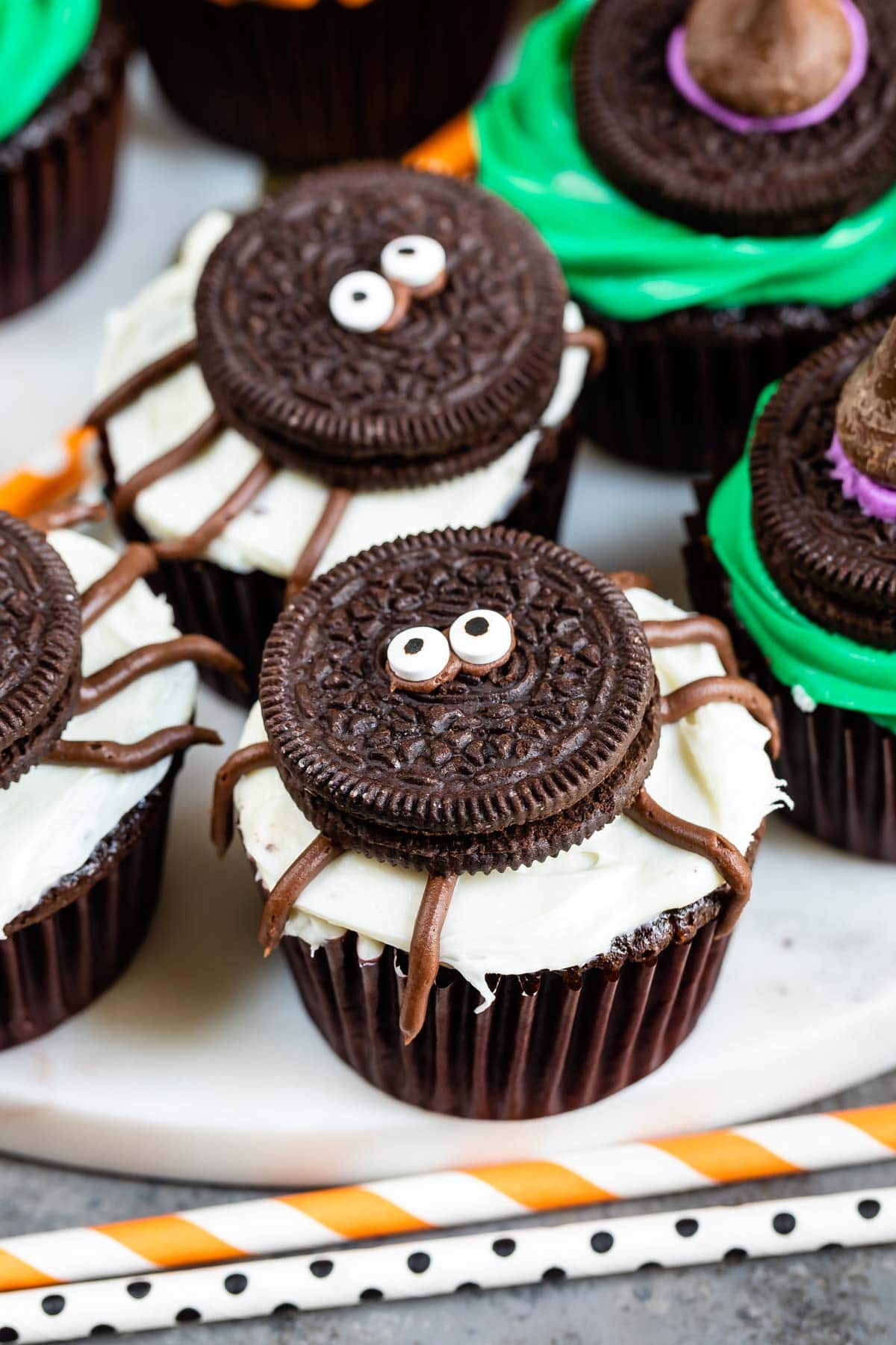 Overhead shot of halloween spider cupcakes