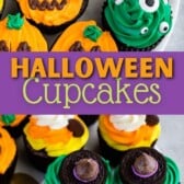 Photo collage of halloween cupcakes with recipe title in the middle of two photos