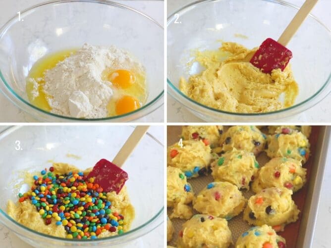 collage showing 4 photos how to make cake mix cookies