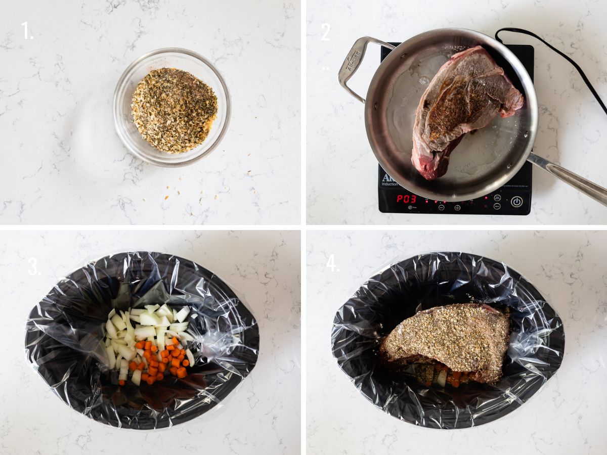 4 photos showing how to make crockpot pot roast