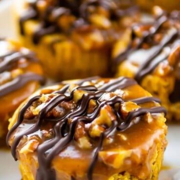 Close up shot of mini turtle pumpkin cheesecakes with recipe title on top of image