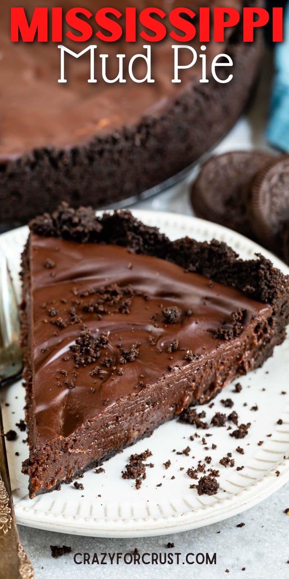 Slice of mississippi mud pie with recipe title on top of image