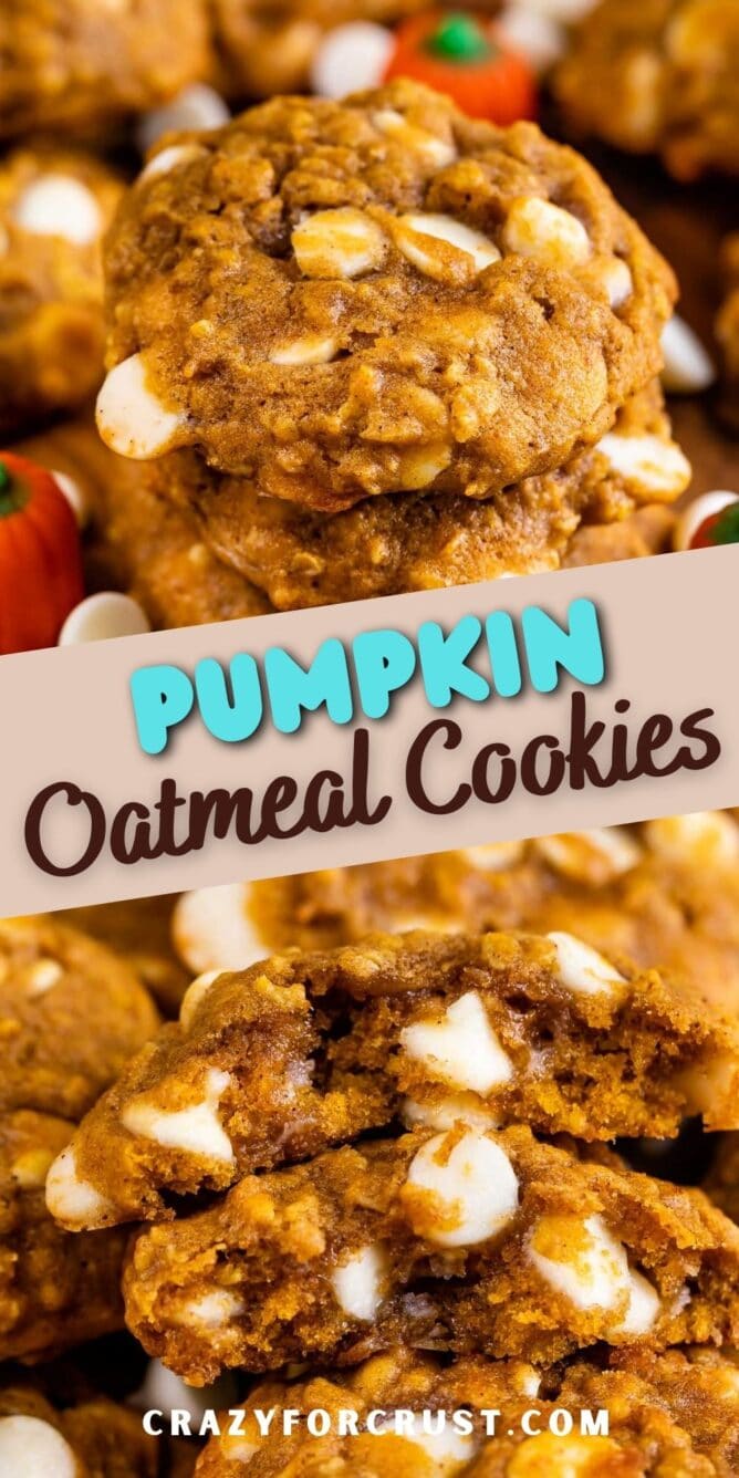 Photo collage of pumpkin oatmeal cookies with recipe title in the middle of two photos