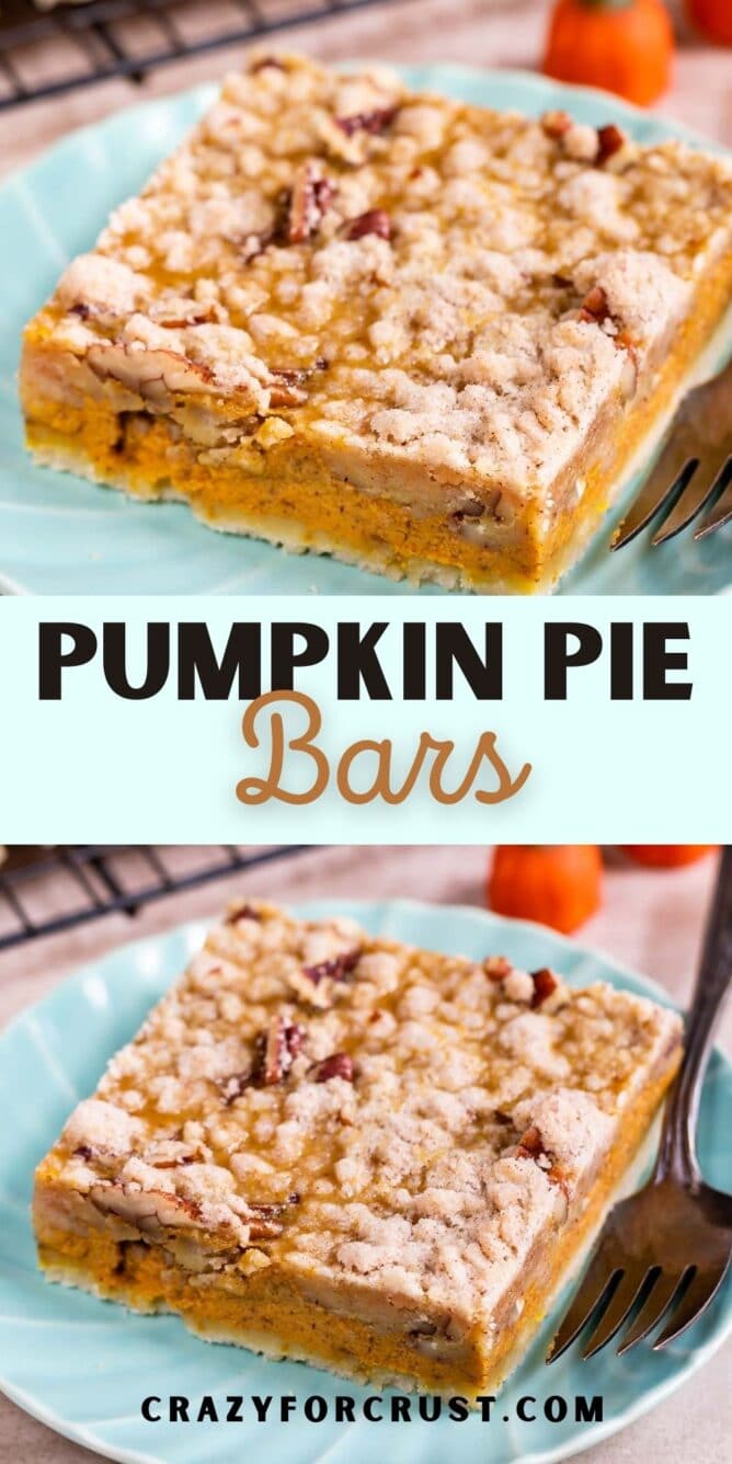 Photo collage of pumpkin pie bars with recipe title in the middle of two photos