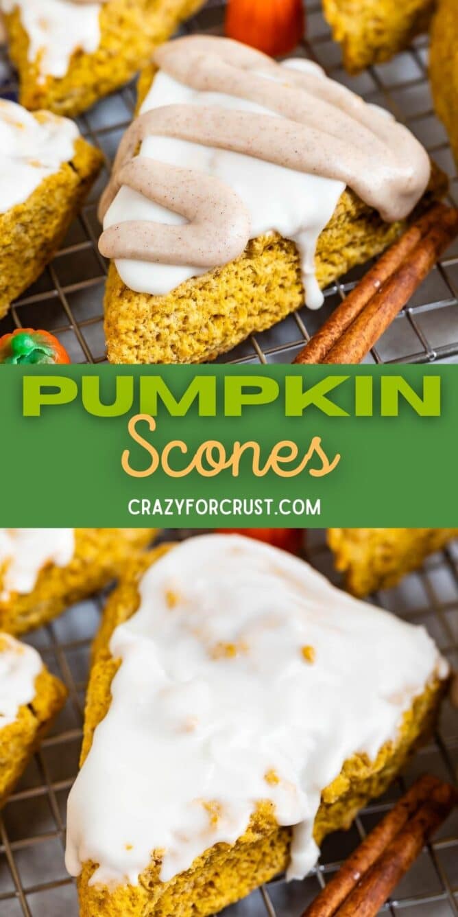 Pumpkin scone collage with recipe title in the middle of two photos
