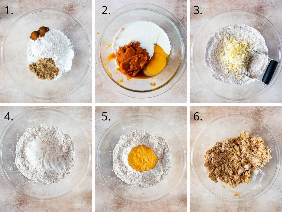 Overhead shot of six photos showing the process of making pumpkin scones