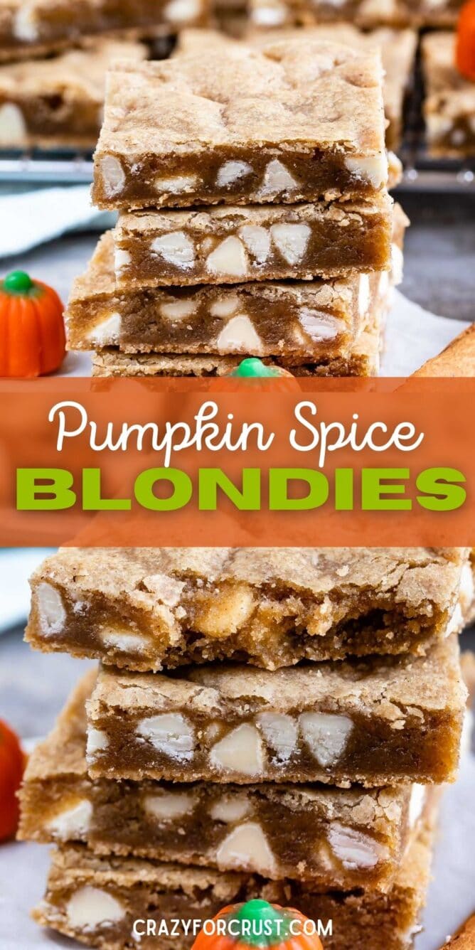 Photo collage of pumpkin spice blondies with recipe title in the middle of two photos