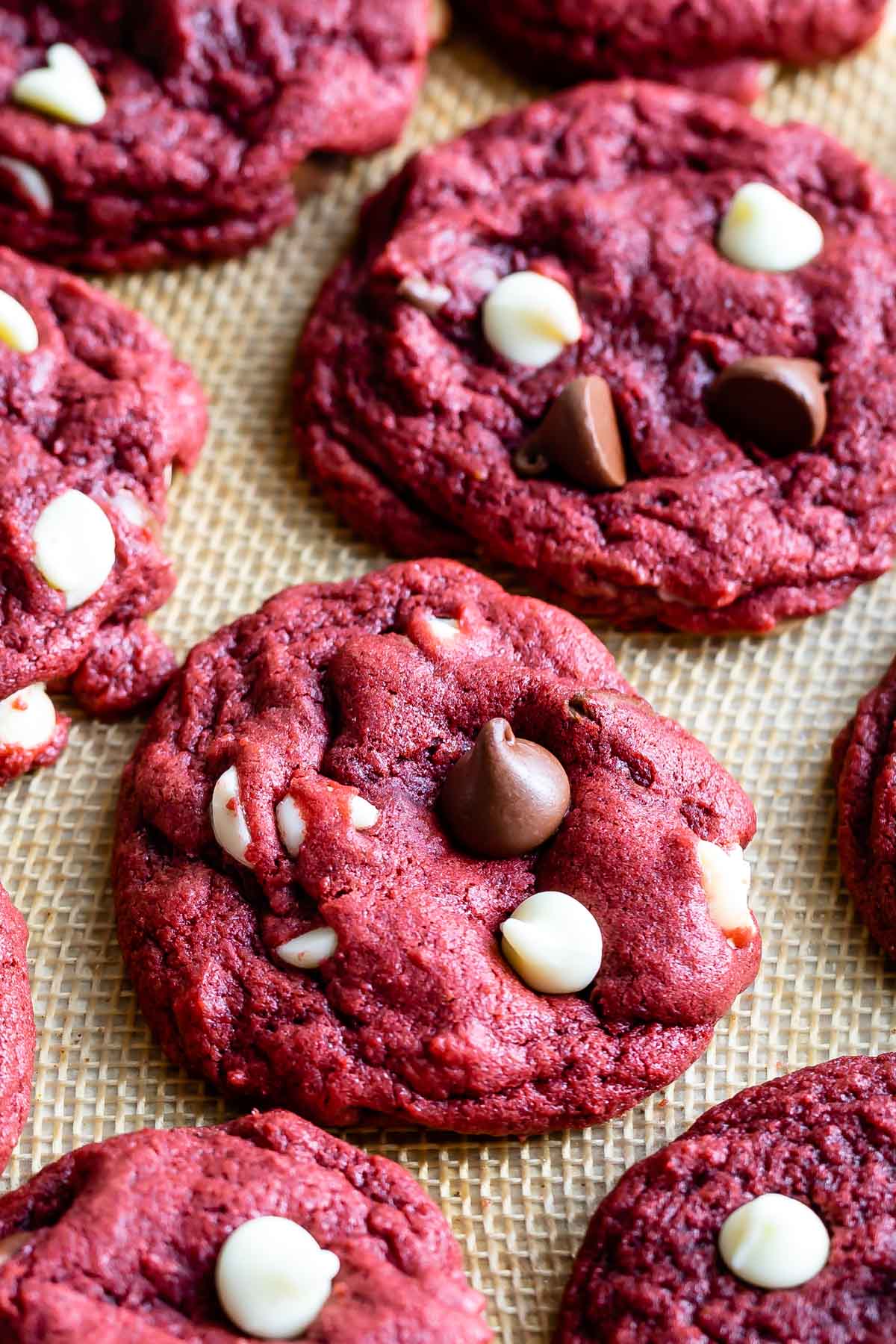 Overhead shot of red velvet cookies right out of the oven