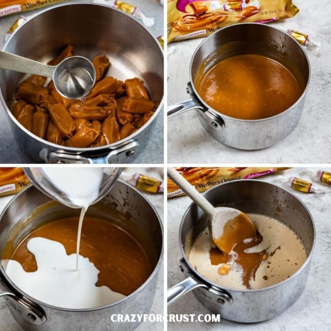 Four photos showing the process of making three-ingredient caramel sauce