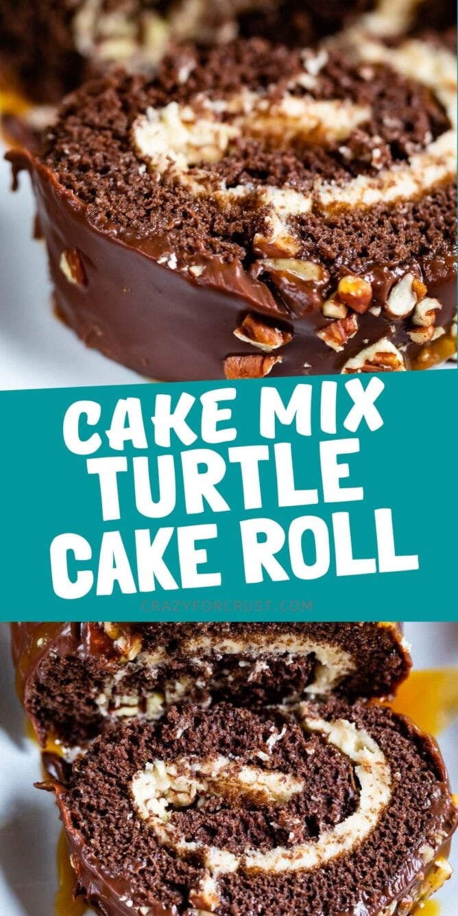 Photo collage of cake mix turtle cake roll with recipe title in the middle of two photos