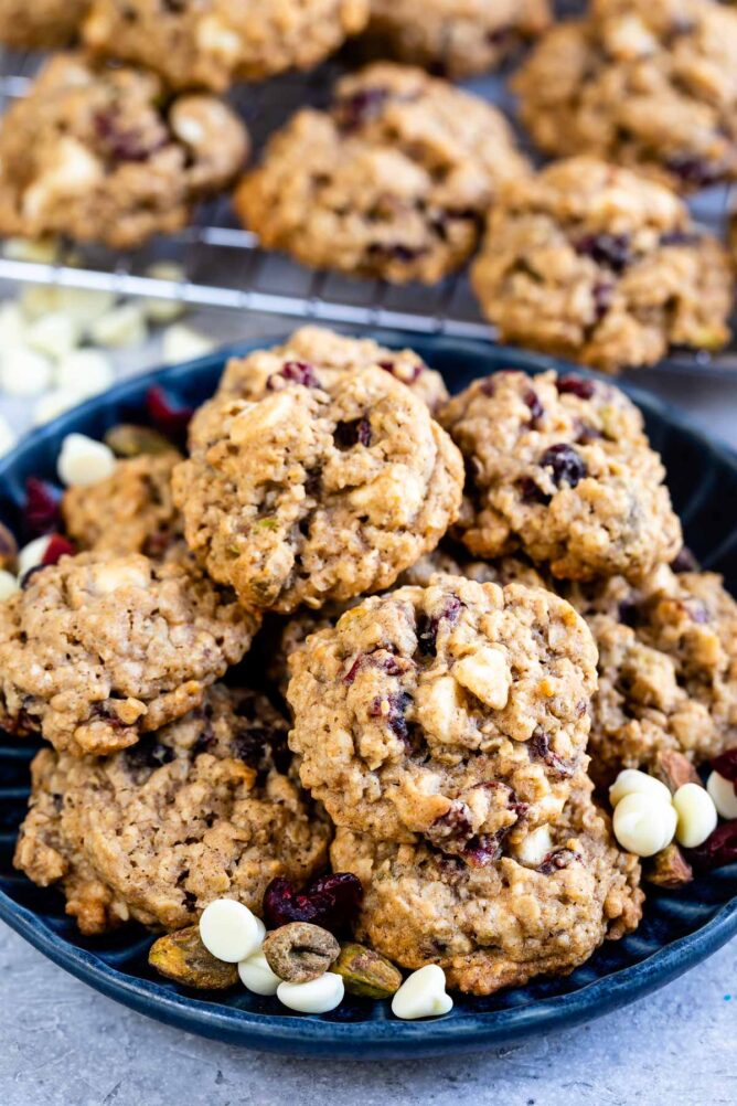 Plate full of oatmeal cranberry cookies