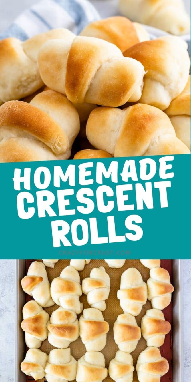 collage of crescent rolls in bowl and on cookie sheet with words on photo