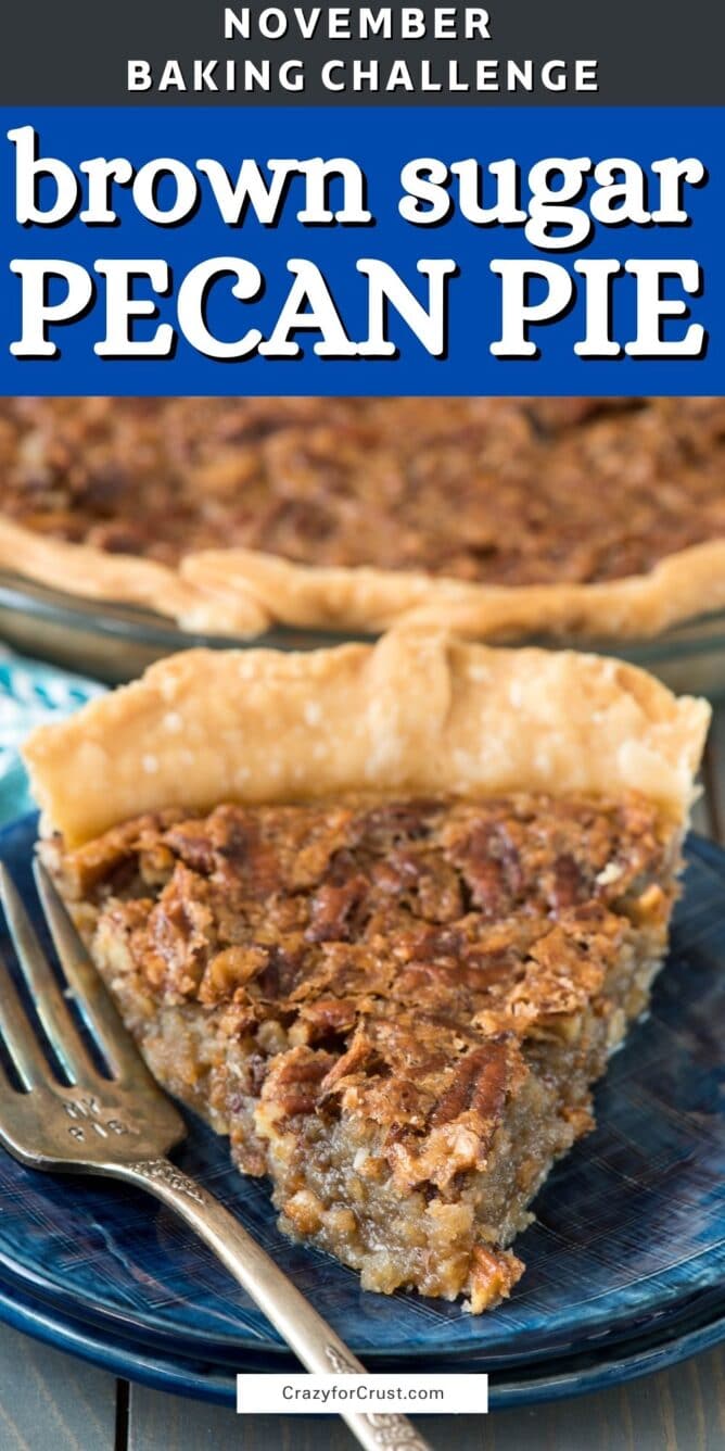 slice of pecan pie on blue plate with words on photo