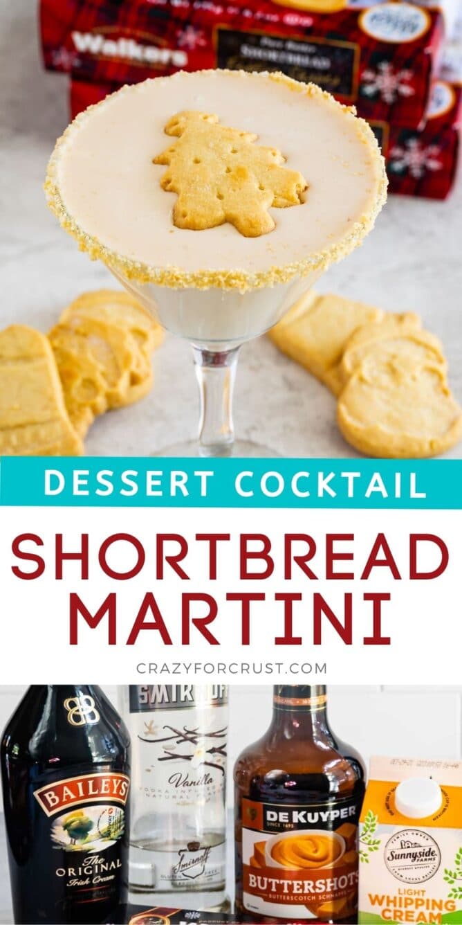 collage of martini in glass with floating shortbread cookie and ingredients