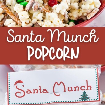 Photo collage of santa munch popcorn snack mix with recipe title in the middle of two photos
