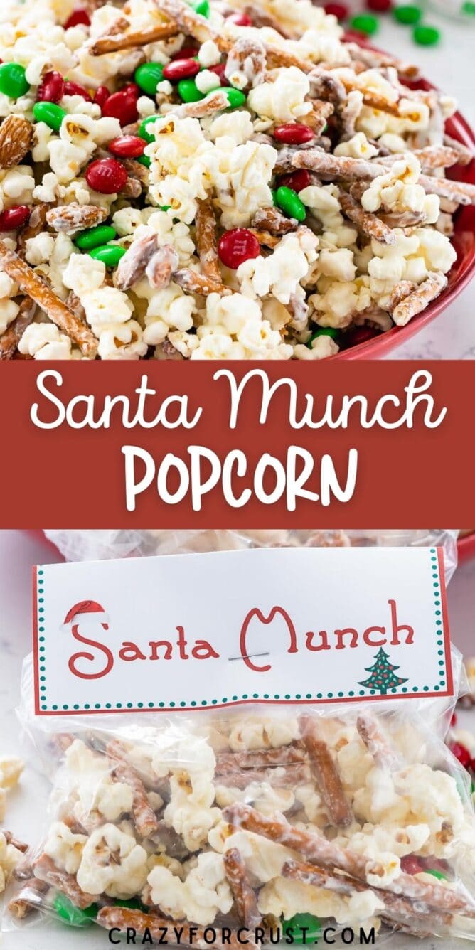Photo collage of santa munch popcorn snack mix with recipe title in the middle of two photos
