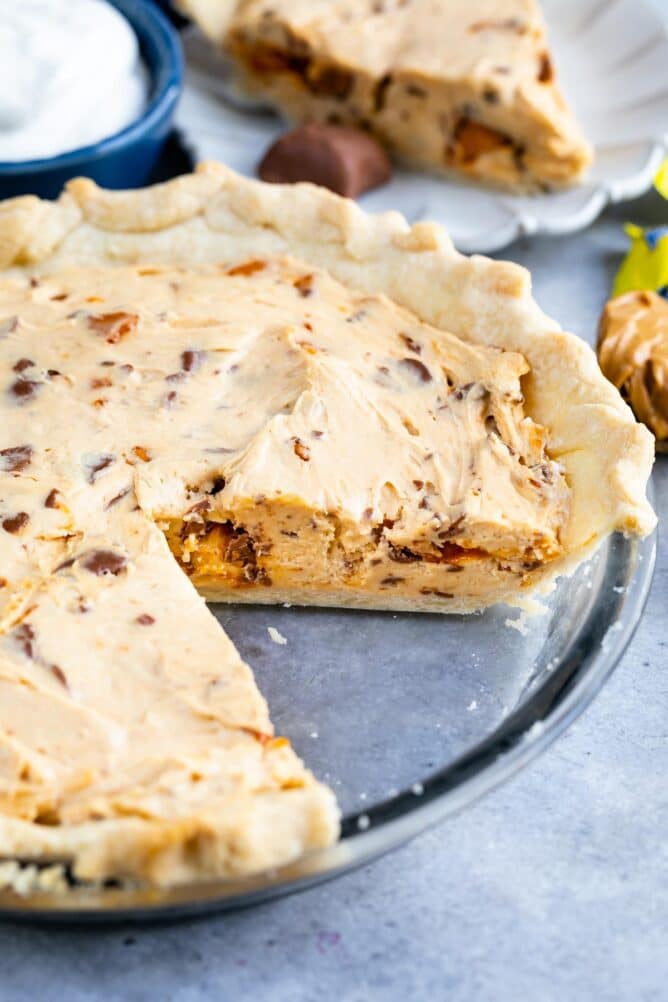 Easy butterfinger pie with one slice missing
