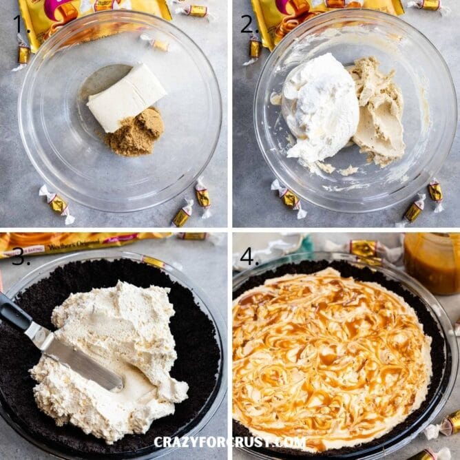 Four photos showing process of making caramel cheesecake pie