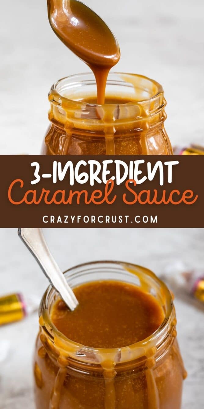 Photo collage of three-ingredient caramel sauce with recipe title in the middle of two photos
