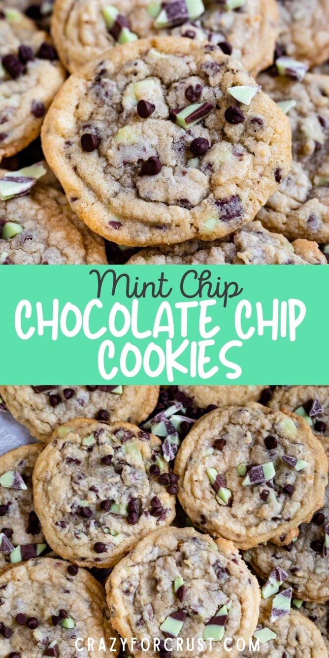 Photo collage of mint chip chocolate chip cookies with recipe title in the middle of two photos