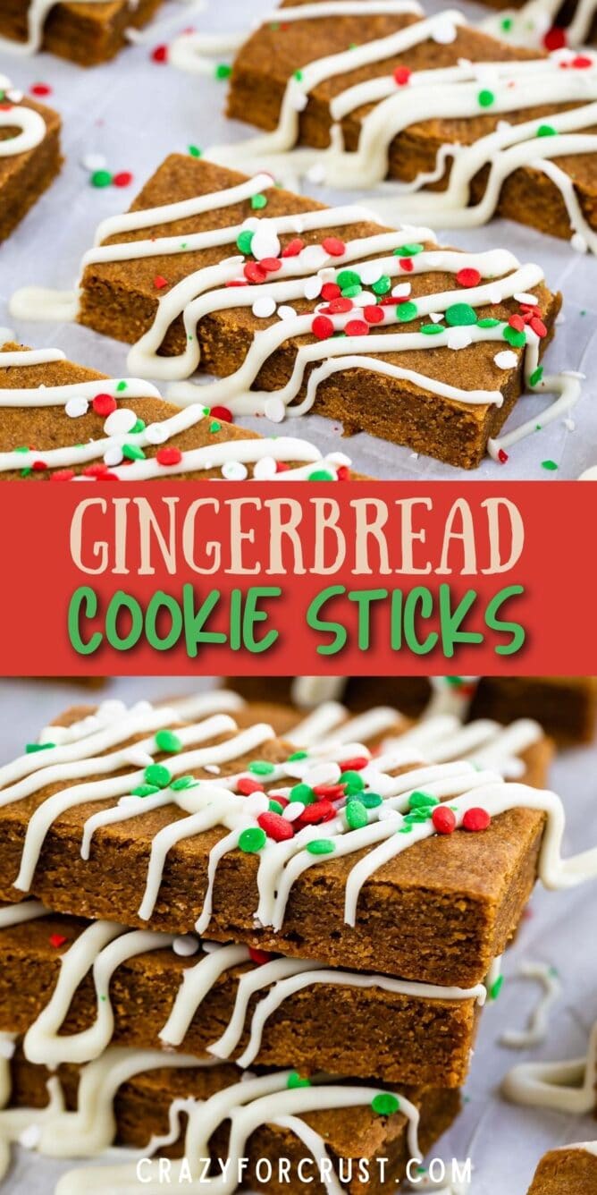 Photo collage of gingerbread cookie sticks with recipe title in the middle of two photos