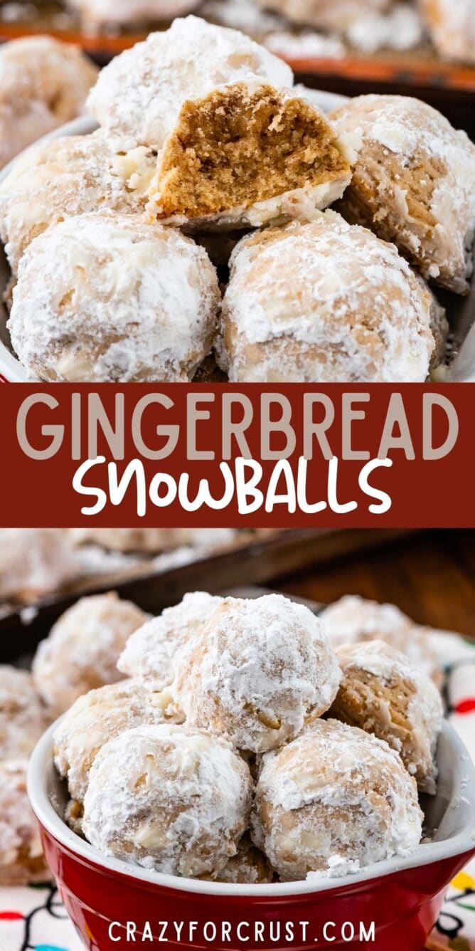 Photo collage of gingerbread snowballs with recipe title in the middle of two photos