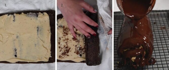 3 photos showing how to assemble a cake roll