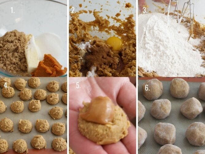 Six photos showing the process of making caramel stuffed pumpkin cookies