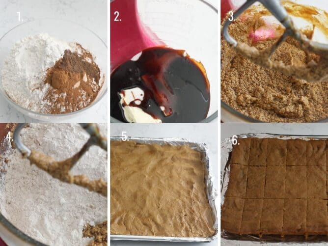 Six photos showing the process of making gingerbread cookie sticks