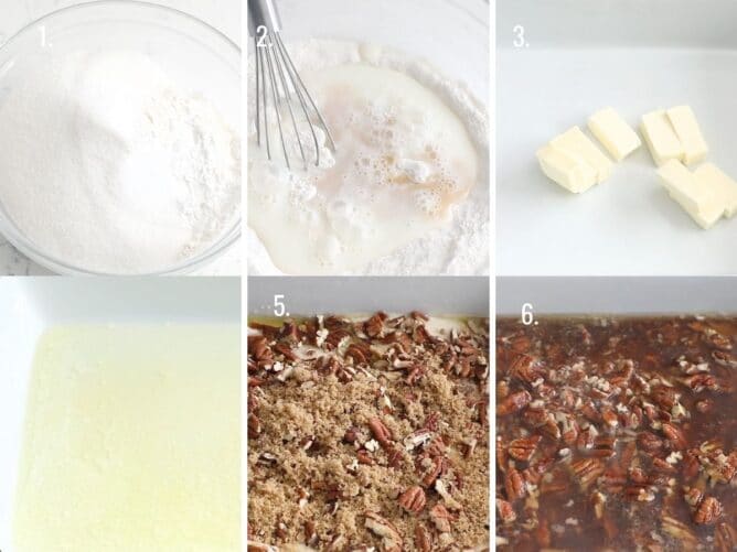 6 photos showing how to make pecan pie cobbler