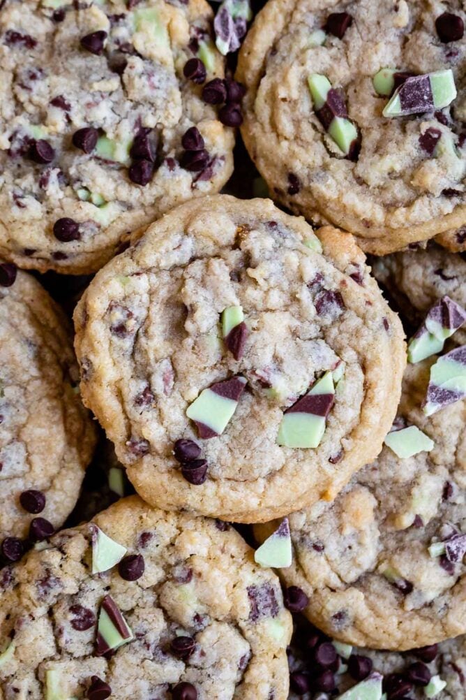 Overhead shot of a bunch of mint chip chocolate chip cookies