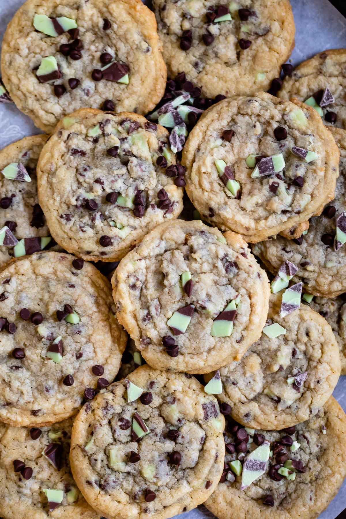 Overhead shot of a bunch of mint chip chocolate chip cookies
