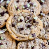 Overhead shot of a bunch of mint chip chocolate chip cookies