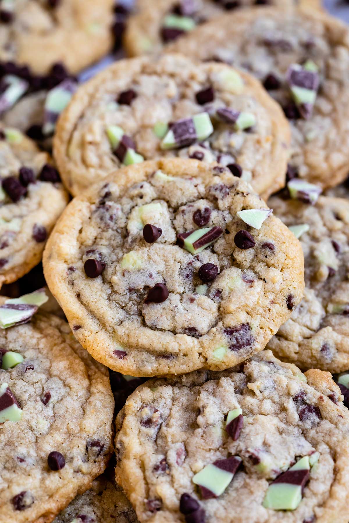 Overhead shot of a bunch of mint chip chocolate chip cookies