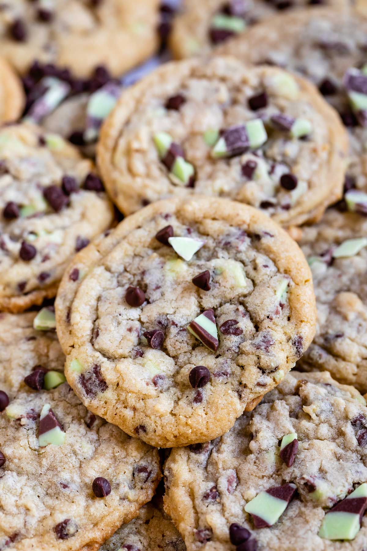 Overhead shot of a bunch of mint chip chocolate chip cookies