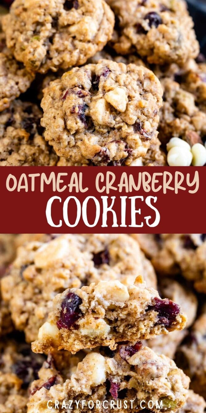 Photo collage of oatmeal cranberry cookies with recipe title in the middle of photos