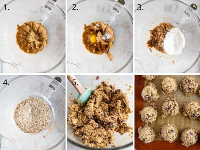 Overhead shot of six photos showing the process of making oatmeal cranberry cookies