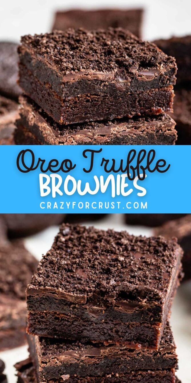Photo collage of oreo truffle brownies with recipe title in the middle of photos