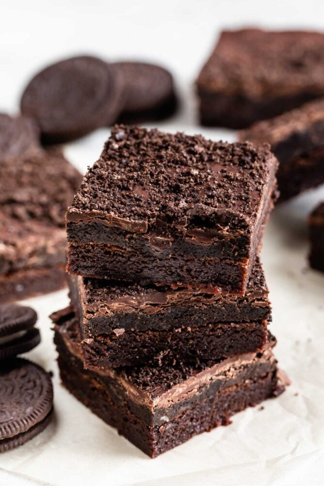 Stack of three Oreo truffle brownies