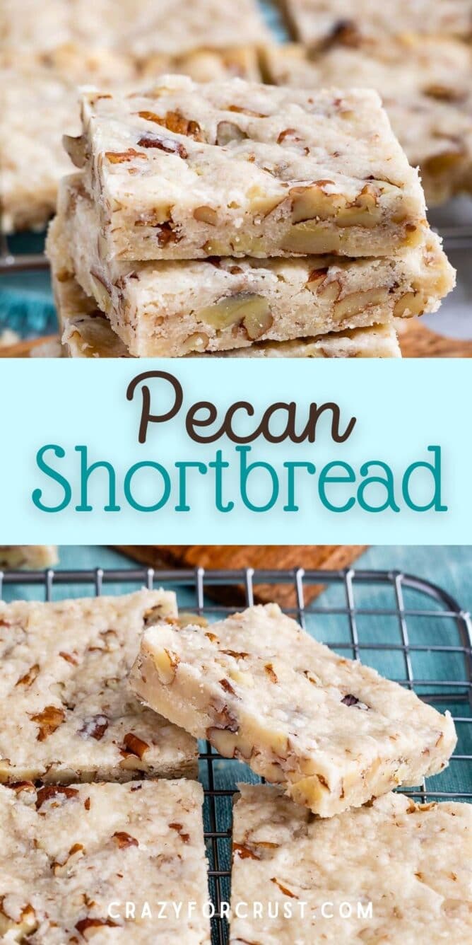 Photo collage of pecan shortbread cookies with recipe title in the middle of two photos