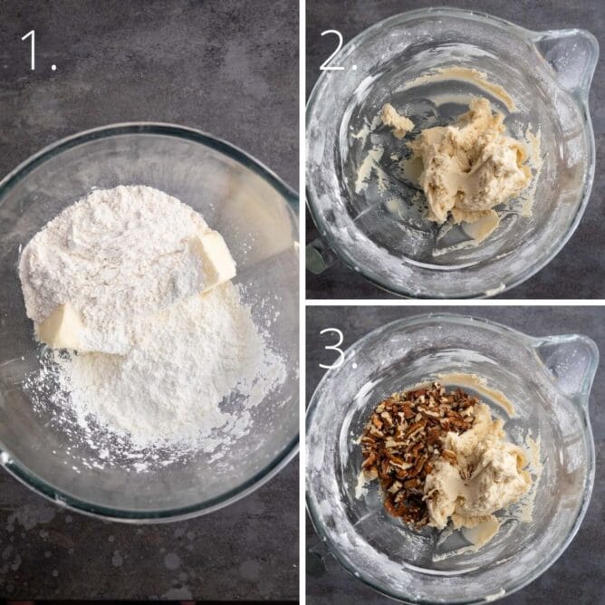 Overhead shot of three images showing the process of making pecan shortbread cookie dough