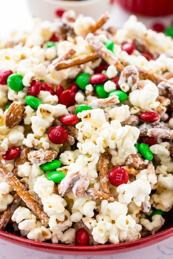 Bowl of santa munch popcorn snack mix