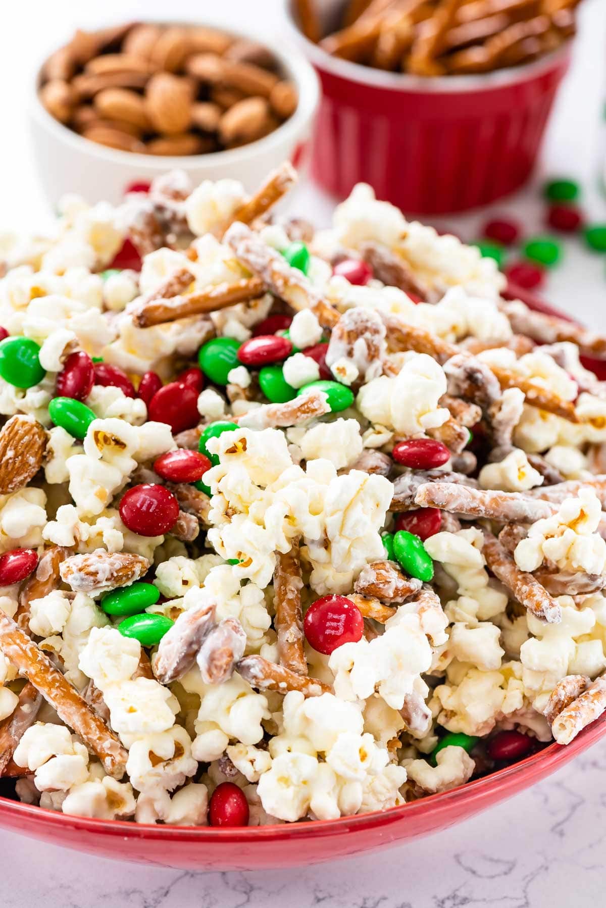 Bowl of santa munch popcorn snack mix