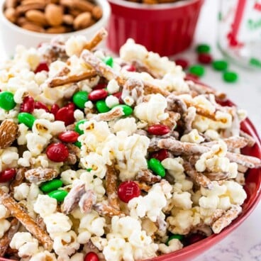 Bowl of santa munch popcorn snack mix