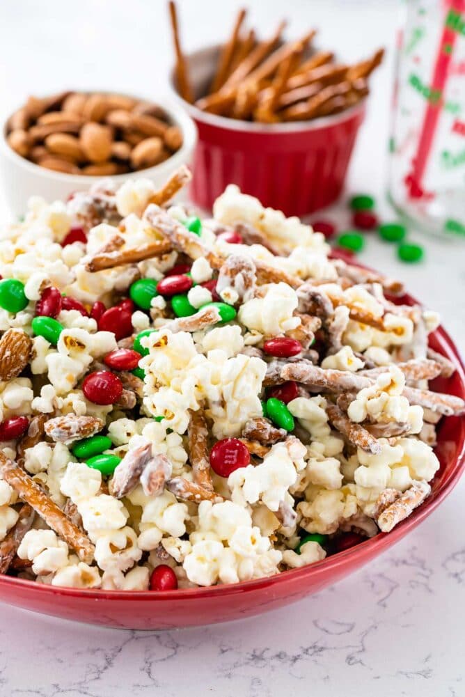 Bowl of santa munch popcorn snack mix