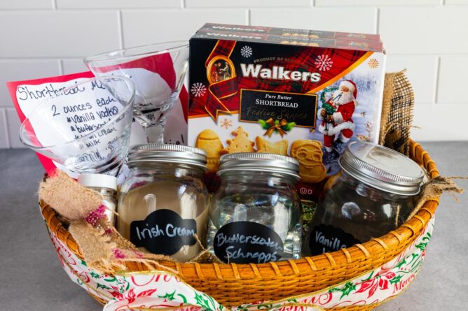 gift basket with ingredients to make shortbread cookie martini