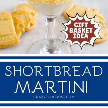 collage of martini in glass with floating shortbread cookie and gift basket