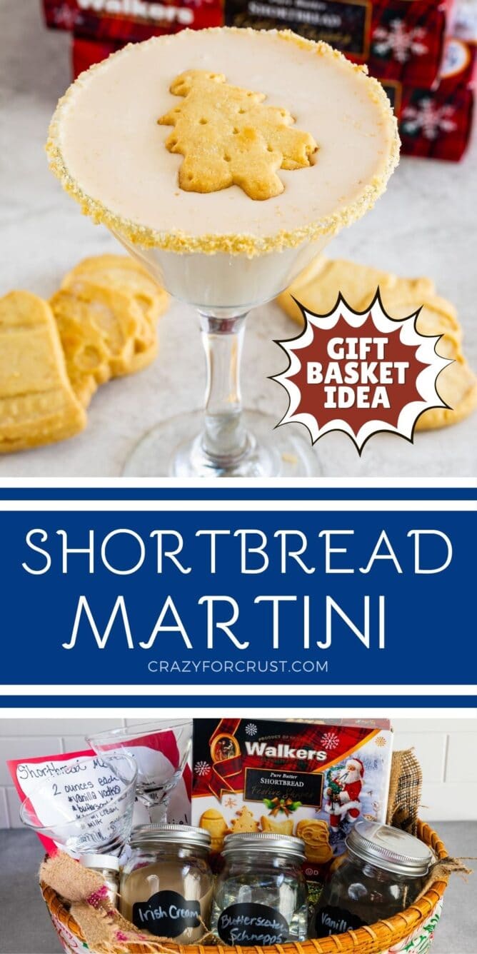 collage of martini in glass with floating shortbread cookie and gift basket