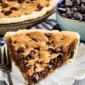 slice of chocolate chip cookie pie on white plate